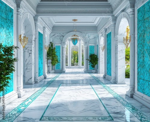 White Marble Turkish Villa Hall with Turquoise Accents, Ottoman Style