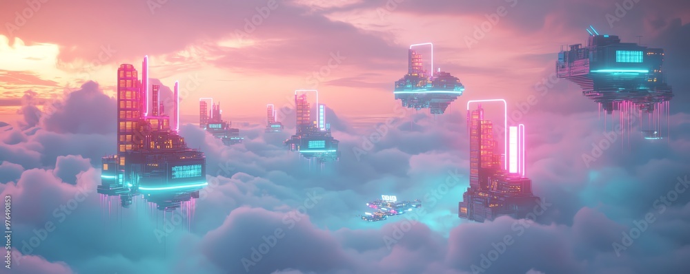 Futuristic cityscape hovering in vibrant clouds, illuminated by neon lights and breathtaking colors, depicting a dreamlike atmosphere.