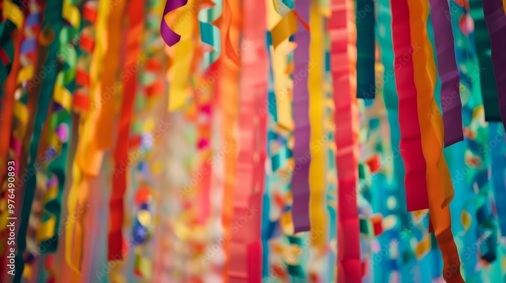 Fototapeta premium Colorful streamers cascading down, brightening the atmosphere for a festive celebration, evoking joy and excitement in a vibrant setting.