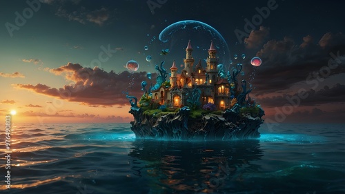 Surreal Oceans. Floating islands and glowing waters with magical sea creatures in a mysterious ocean. Realistic style. photo