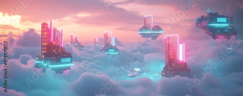 Obraz na płótnie Futuristic cityscape hovering in vibrant clouds, illuminated by neon lights and breathtaking colors, depicting a dreamlike atmosphere. w salonie