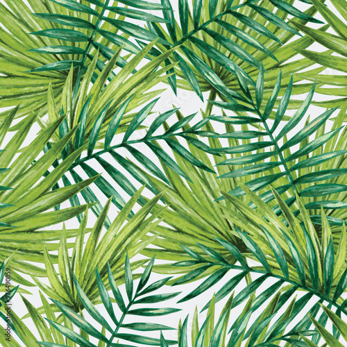 A vibrant pattern of green palm leaves, showcasing a tropical and natural aesthetic suitable for backgrounds or designs.