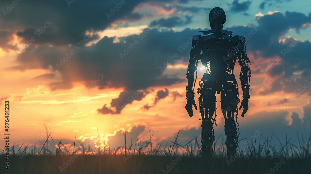 Fototapeta premium Silhouette of a futuristic humanoid robot in a dark, dramatic setting