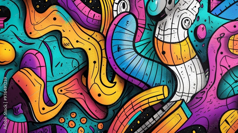 Obraz premium Vibrant abstract composition, swirling shapes in bold colors, dynamic interplay of lines and forms, evoking energy and creativity in a playful visual experience
