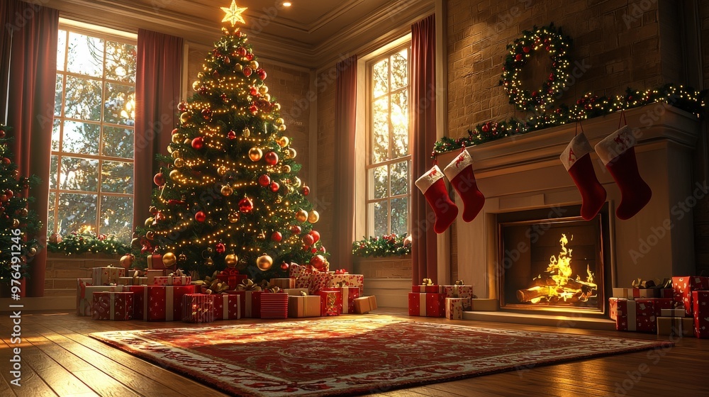 Fototapeta premium A festive Christmas tree shimmering with golden lights and bright red ornaments, surrounded by neatly stacked gifts in festive wrapping, set in a warm living room with stockings hanging by the
