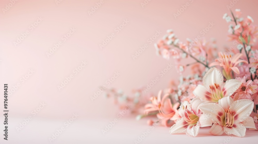 Fototapeta premium Delicate floral arrangement, showcasing soft pink lilies and blossoms, exuding tranquility and elegance against a pastel backdrop, perfect for serene decor.