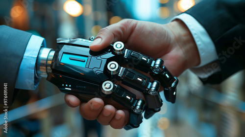 Human and robotic handshake symbolizing collaboration and future of technology