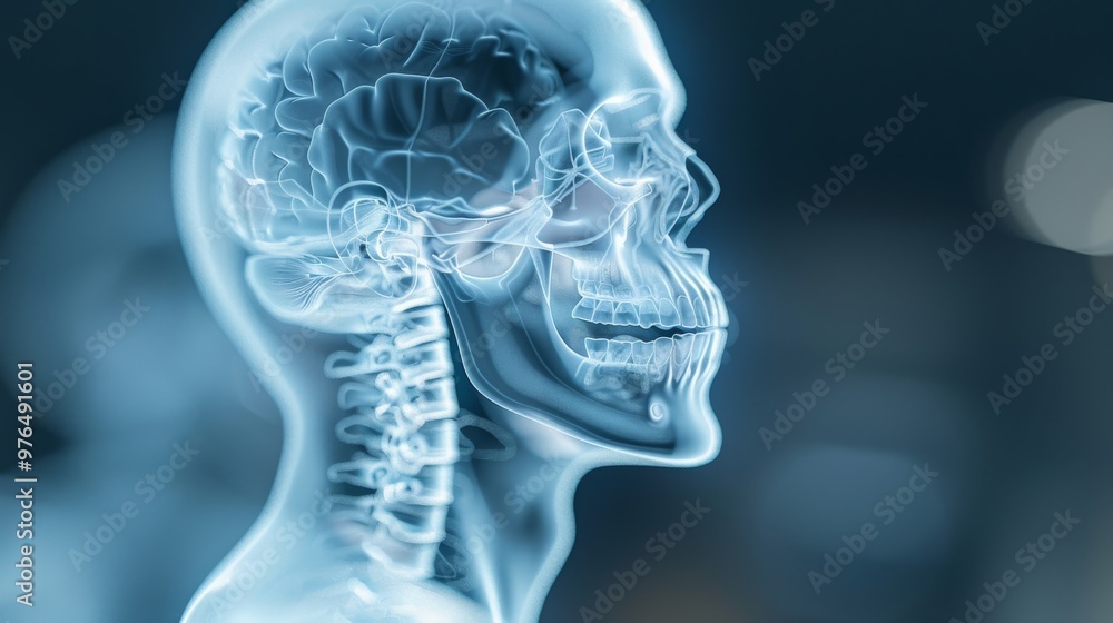 Transparent human skull showcasing intricate neural structures, illuminating the connection between brain and body, emphasizing anatomical details and cerebral complexity.