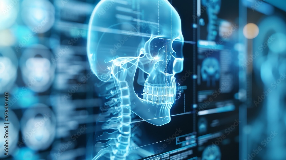 X-ray visualization of a human skull highlighting structural details and scientific data analysis in a futuristic medical diagnostic environment. X-ray visualization of a human skull highlighting structural details and scientific data analysis in a futuristic medical diagnostic environment.