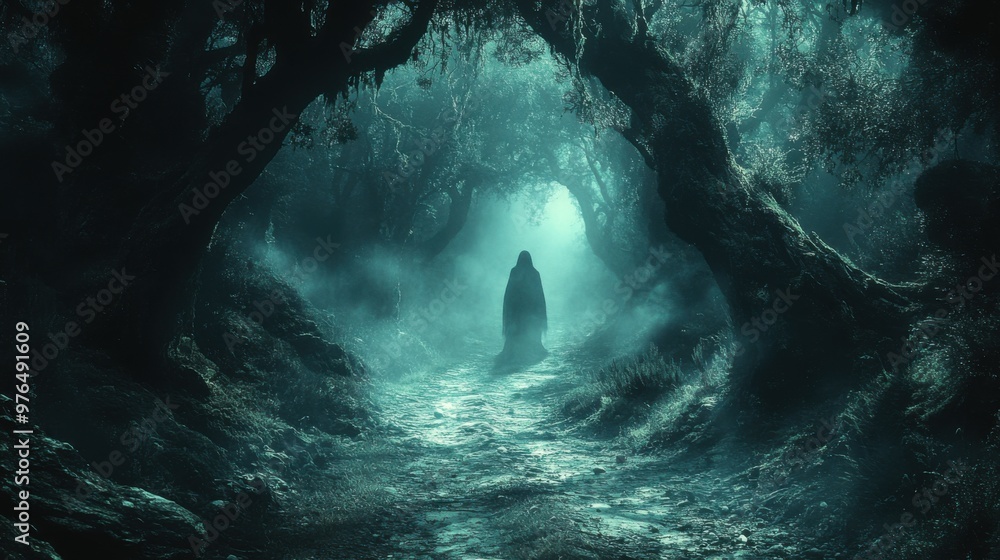 Eerily Haunted Forest Path with Ghostly Figure and Moonlight Shadows Eerily Haunted Forest Path with Ghostly Figure and Moonlight Shadows