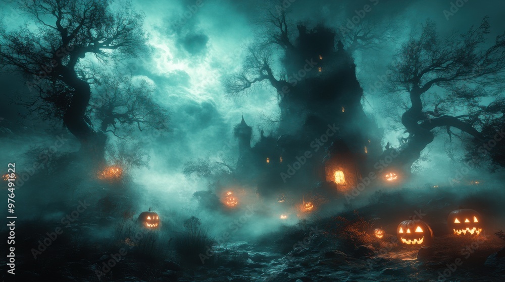 Enchanted Haunted Forest Clearing with Glowing Pumpkins and Ghostly Figure Amidst Twisted Trees in Misty Atmosphere Enchanted Haunted Forest Clearing with Glowing Pumpkins and Ghostly Figure Amidst Twisted Trees in Misty Atmosphere