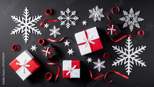 Flat lay of Christmas gifts wrapped in black, white, and red paper with snowflakes, ribbons, and stars on a black background.