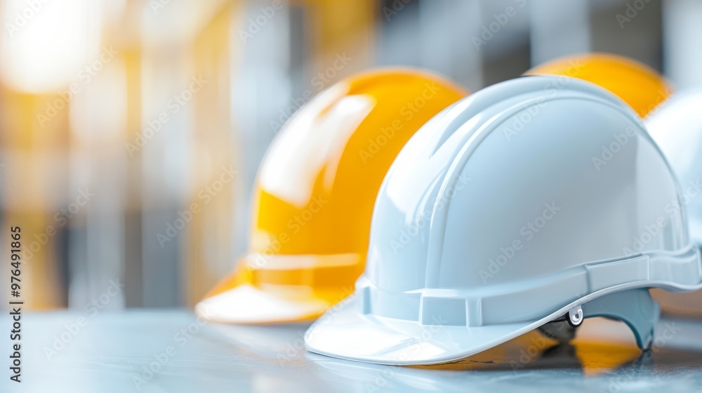 Safety helmets in vibrant colors, symbolizing construction and protection, rest on a smooth surface, illuminated by soft sunlight filtering through a worksite. Safety helmets in vibrant colors, symbolizing construction and protection, rest on a smooth surface, illuminated by soft sunlight filtering through a worksite.
