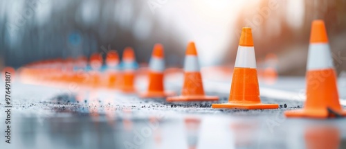 Traffic cones lining a misty road, creating a vibrant orange barrier, signaling construction or maintenance work ahead in a blurred urban environment. photo