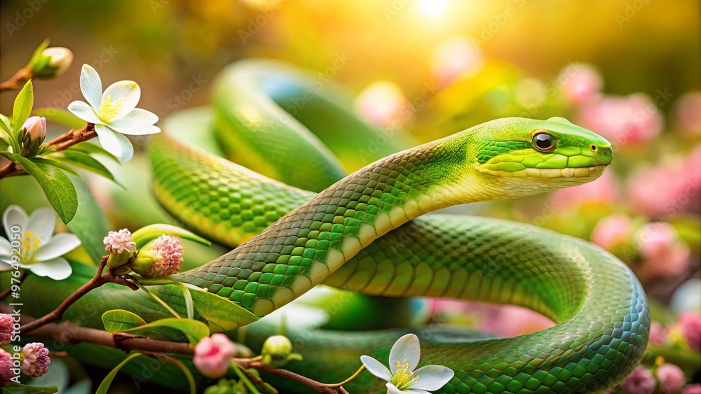 Obraz premium of a green snake coiled among blooming flowers, perfect for nature or wildlife designs