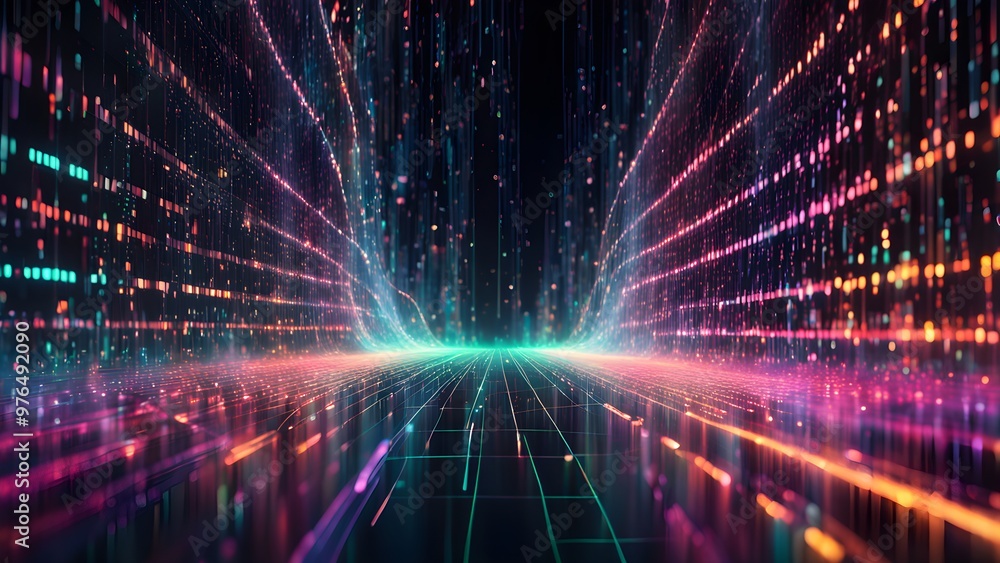 Abstract digital art with glowing lines and particles in a dark background. Abstract digital art with glowing lines and particles in a dark background.