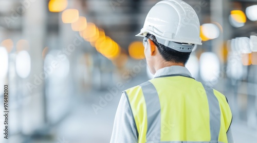 Construction site worker in safety gear, focusing on the environment, illuminated by distant lights, conveying a sense of diligence and professionalism in the workplace.