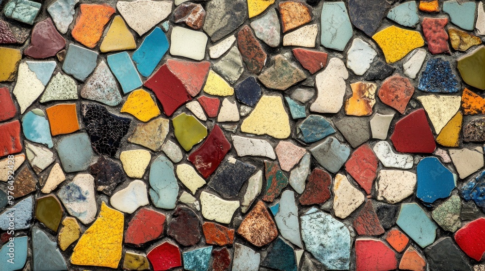 A detailed view of a mosaic pattern made from colorful tiles, emphasizing the textures and arrangement A detailed view of a mosaic pattern made from colorful tiles, emphasizing the textures and arrangement
