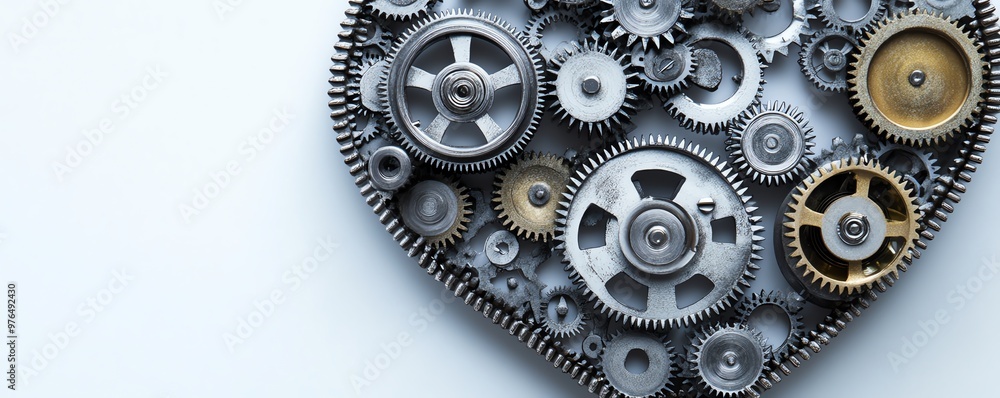 Intricate metal gears arranged in a heart shape, symbolizing love and machinery working together in harmony. Intricate metal gears arranged in a heart shape, symbolizing love and machinery working together in harmony.