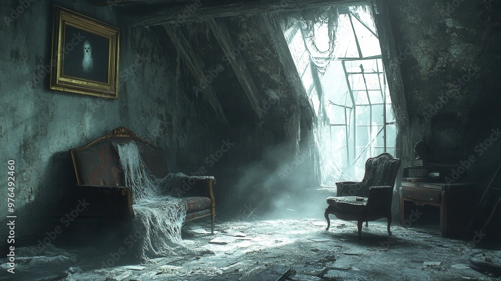 Ghostly Presence in an Eerie Attic - Spooky Haunted House Interior with Cobwebs and Dusty Furniture Ghostly Presence in an Eerie Attic - Spooky Haunted House Interior with Cobwebs and Dusty Furniture