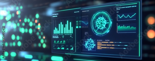 High-tech medical interface displaying viral data analysis and statistics on a futuristic screen with glowing graphics.