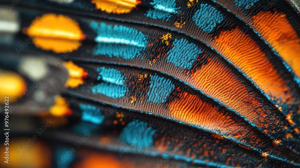 A macro view of a butterfly's wing, highlighting the colorful scales and intricate patterns A macro view of a butterfly's wing, highlighting the colorful scales and intricate patterns