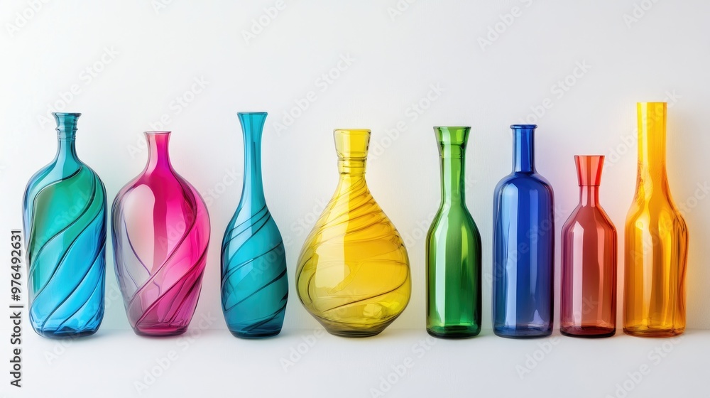 A stylish set of colorful bottles with vibrant glass and modern designs, placed on a white background for a sleek and artistic feel A stylish set of colorful bottles with vibrant glass and modern designs, placed on a white background for a sleek and artistic feel