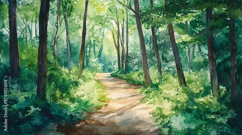 Watercolor painting of a path through a lush green forest.