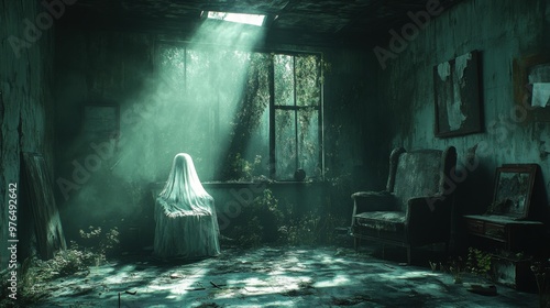 Spooky Haunted Attic with Ghostly Figure in Moonlight - Creepy Abandoned Room with Broken Furniture and Mystery