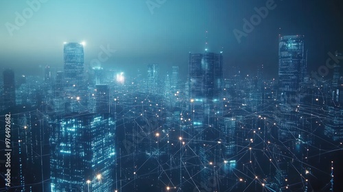 digital network connections above smart city with glowing lines and dots , futuristic background ,generative ai