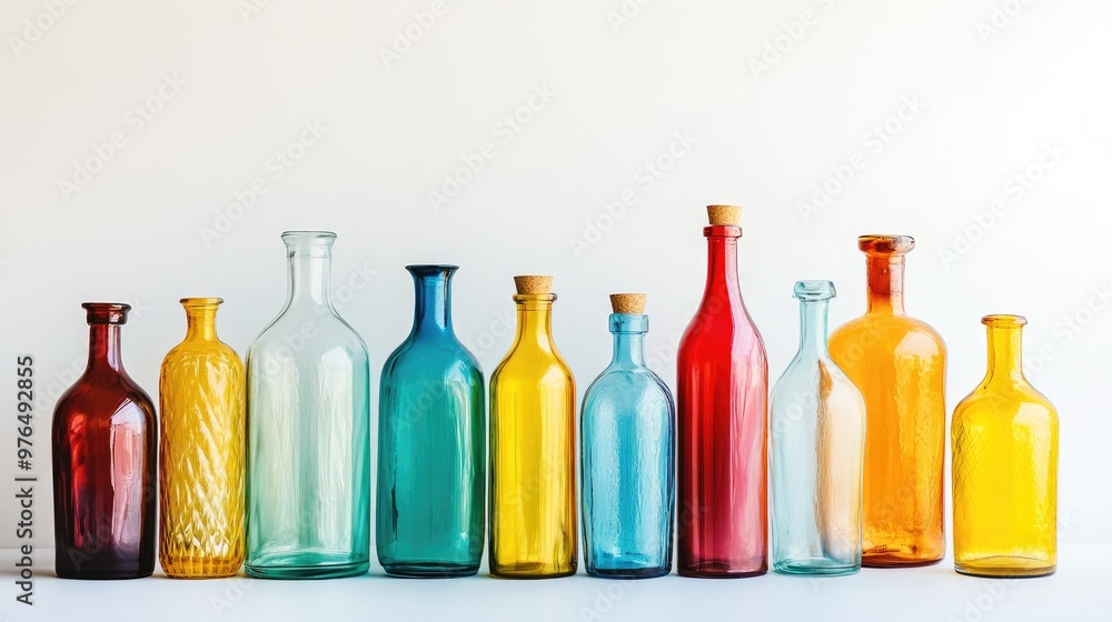 Beautiful glass bottles in vivid colors, arranged in a chic set against a simple white background for a modern and elegant look Beautiful glass bottles in vivid colors, arranged in a chic set against a simple white background for a modern and elegant look