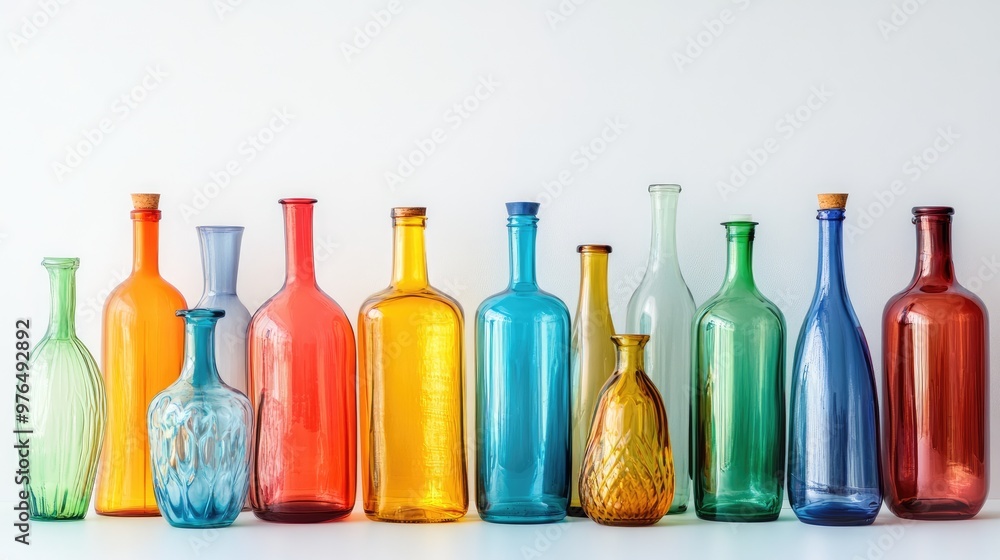 Beautiful collection of bottles in bold, colorful glass, arranged in an artistic set against a white background for a fresh look Beautiful collection of bottles in bold, colorful glass, arranged in an artistic set against a white background for a fresh look