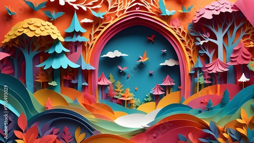 A colorful paper art illustration of a forest scene with a blue sky and birds flying overhead. The trees and hills are made of layered paper, creating a three-dimensional effect.