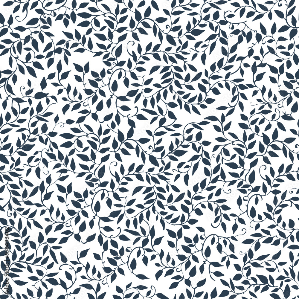 A seamless pattern featuring intricate navy blue leaves on a white background, suitable for textiles or wallpaper design. A seamless pattern featuring intricate navy blue leaves on a white background, suitable for textiles or wallpaper design.