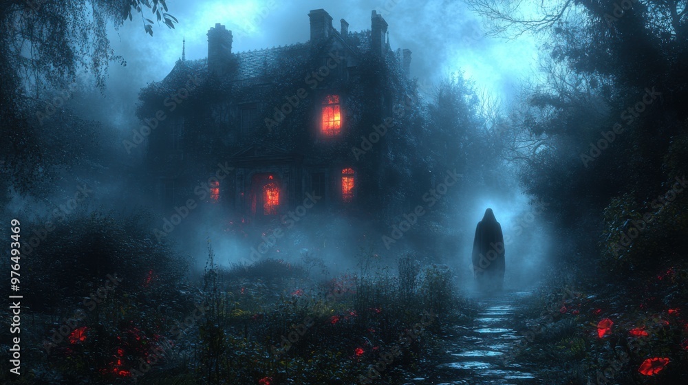 Eerie Haunted Mansion: Ghostly Figure in Misty Garden at Night Eerie Haunted Mansion: Ghostly Figure in Misty Garden at Night