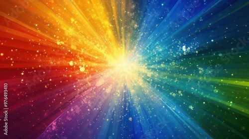 An abstract burst of light in rainbow colors, radiating outward in all directions