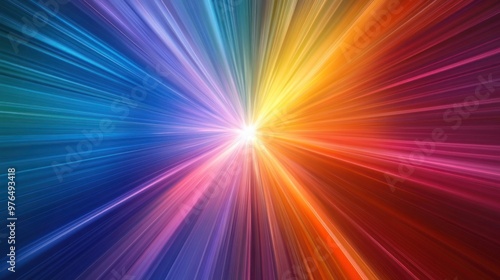 An abstract composition of light rays in spectrum colors, converging at a central point