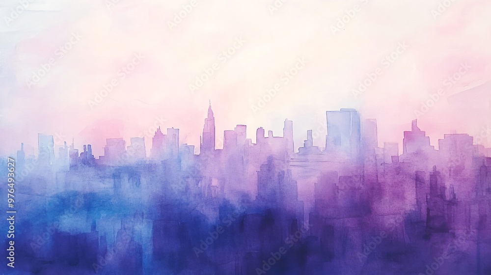 Watercolor painting of a purple and blue cityscape skyline. Watercolor painting of a purple and blue cityscape skyline.