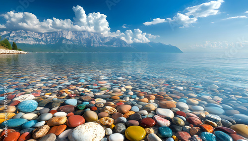 The sea is full of colorful pebbles, and the pebble beach on both sides is covered with many colored glass stones