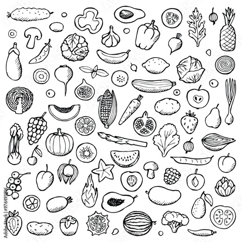 A collection of hand-drawn fruits and vegetables arranged in a pattern, showcasing various types of produce.