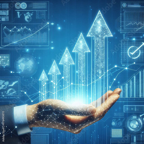 A businessman is showing the development of a business that is increasingly advanced upwards with sophisticated technology, a business hologram