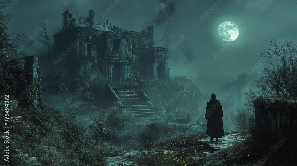 Ghostly Haunted Mansion on a Moonlit Hill - Eerie Scene with Spooky Atmosphere and Chilling Shadows Ghostly Haunted Mansion on a Moonlit Hill - Eerie Scene with Spooky Atmosphere and Chilling Shadows