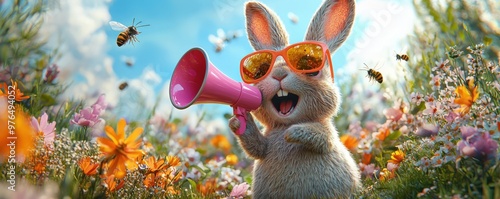 A spirited rabbit with neon sunglasses and a pink megaphone poses in a sunny meadow filled with blooming flowers and fluttering bees. The rabbitâ€™s animated expression and the vivid colors of the