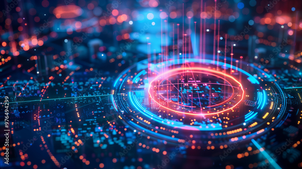 Circular digital interface overlay with glowing data points hovering above a futuristic city Circular digital interface overlay with glowing data points hovering above a futuristic city