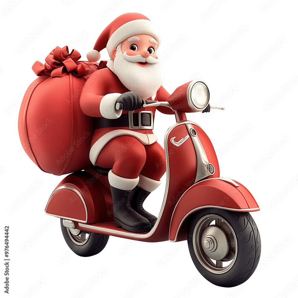 Cheerful Santa Claus rides a red scooter, delivering gifts in a festive, playful scene. Perfect for holiday-themed designs. Cheerful Santa Claus rides a red scooter, delivering gifts in a festive, playful scene. Perfect for holiday-themed designs.