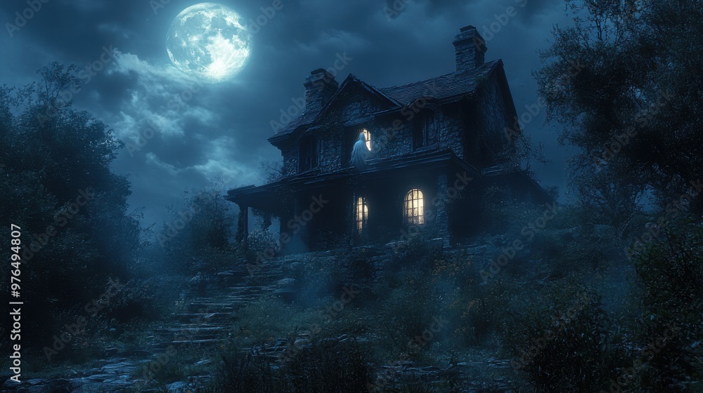 Eerie Haunted House: Ghostly Figure in Moonlit Garden on Hilltop with Sinister Atmosphere Eerie Haunted House: Ghostly Figure in Moonlit Garden on Hilltop with Sinister Atmosphere