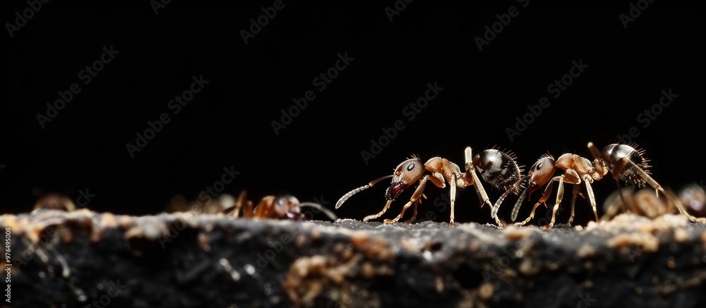 Fototapeta premium Ant bridge team unity, team working together concept. on a black background
