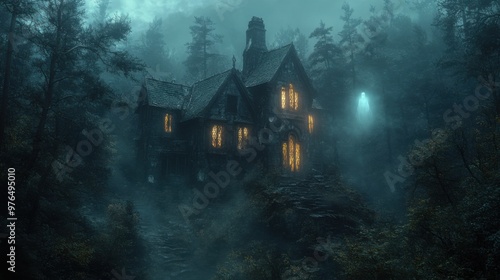 Ghostly Presence in Abandoned Haunted House on Hill Surrounded by Dark Woods