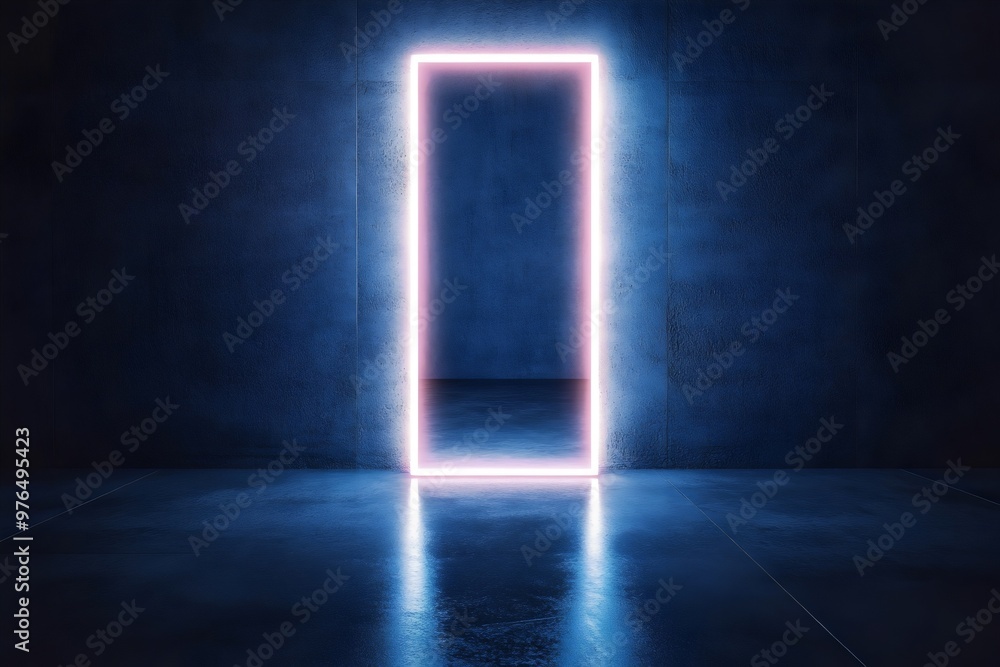 Glowing rectangular neon frame illuminating a dark empty blue room background for modern design Glowing rectangular neon frame illuminating a dark empty blue room background for modern design