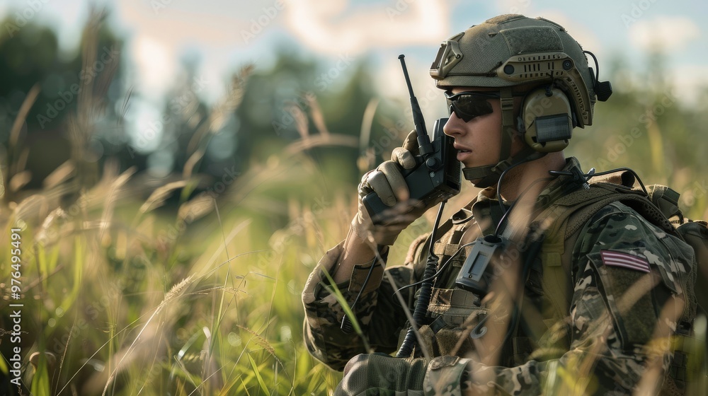 Fototapeta premium A soldier using a radio to communicate during a field operation